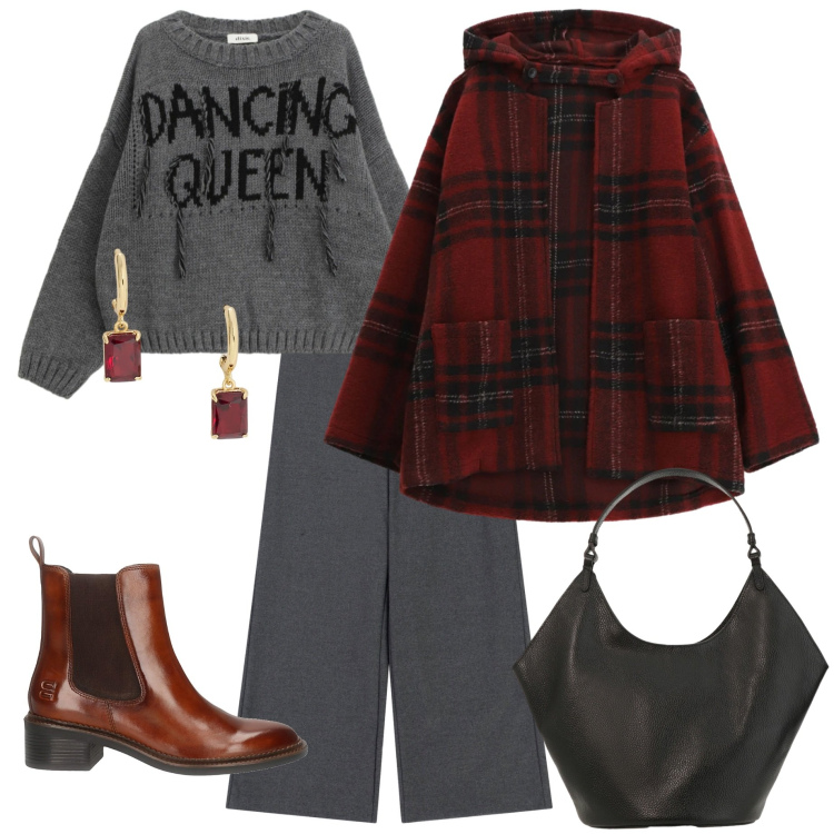 Outfit donna - Qualcosa di rosso. Stile Urban per Tutti i giorni. Abbinamento con caban, maglieria, pantaloni a palazzo, borse a spalla, orecchini, stivaletti chelsea.