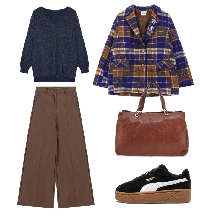 Outfit donna - Tempo libero. Stile Casual per Tutti i giorni. Abbinamento con pantaloni a palazzo, cappotti, sneakers, borse a tracolla, maglieria.