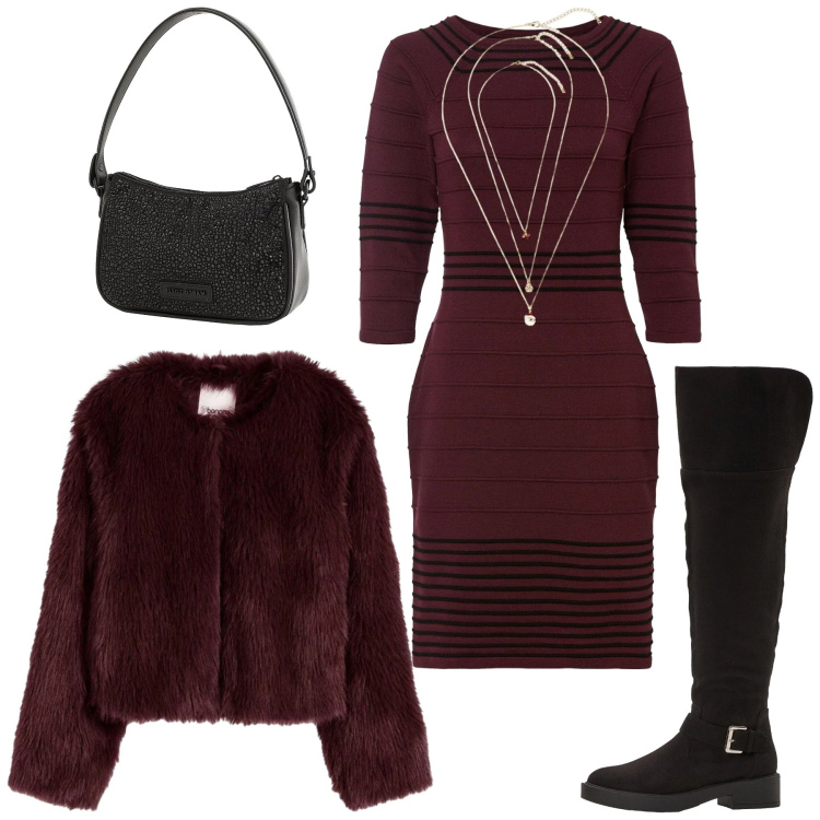 Outfit donna - bonprix - PARTY. Stile Casual per Serata fuori. Abbinamento con vestiti corti, ecopellicce, borse a mano, stivali sopra il ginocchio, collane.