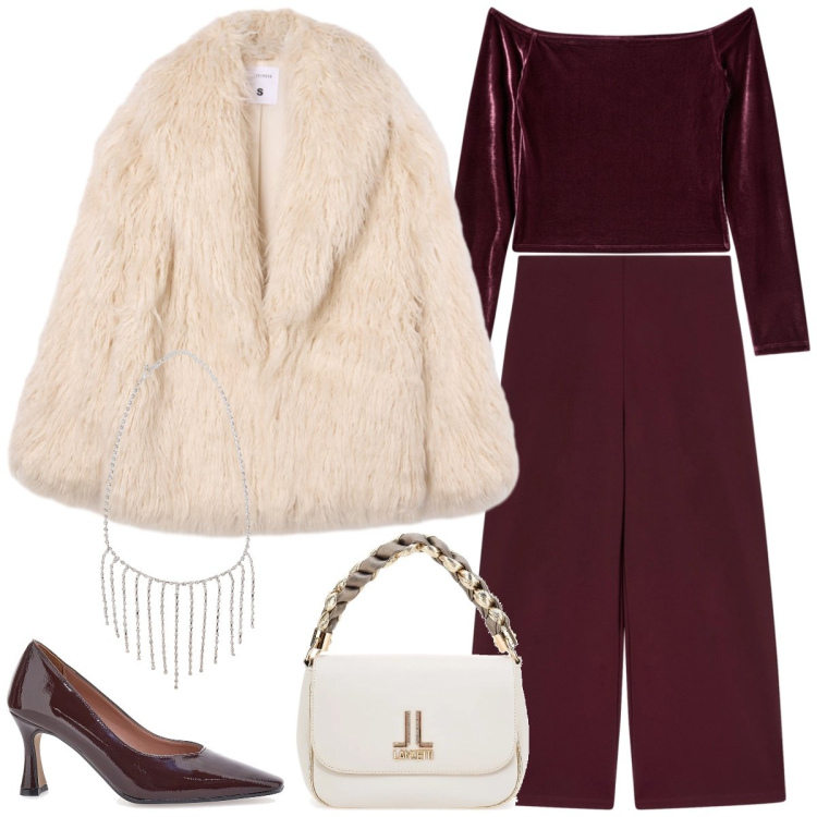 Outfit donna - Total look #2297940. Stile Chic per Serata fuori. Abbinamento con bluse, collane, ecopellicce, pantaloni culotte, décolleté, borse a tracolla.