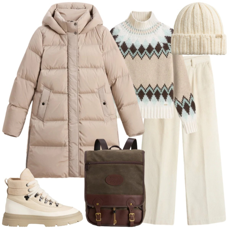 Outfit donna - Total look #2297941. Stile Casual per Tutti i giorni. Abbinamento con piumini, pantaloni, anfibi, zaini, maglieria, berretti.