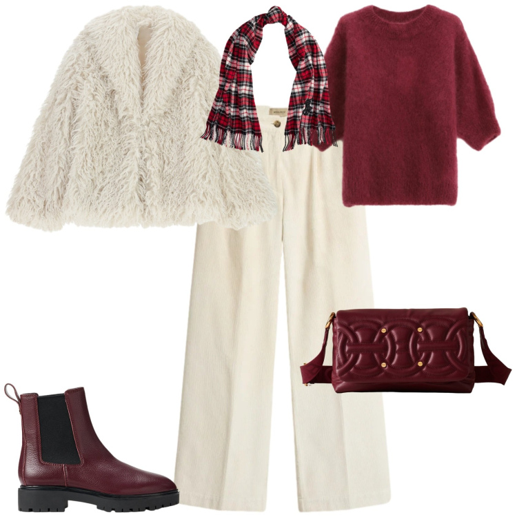 Outfit donna - Casual chic festività. Stile Casual chic per Tutti i giorni. Abbinamento con ecopellicce, borse a tracolla, maglieria, stivaletti chelsea, sciarpe, pantaloni.