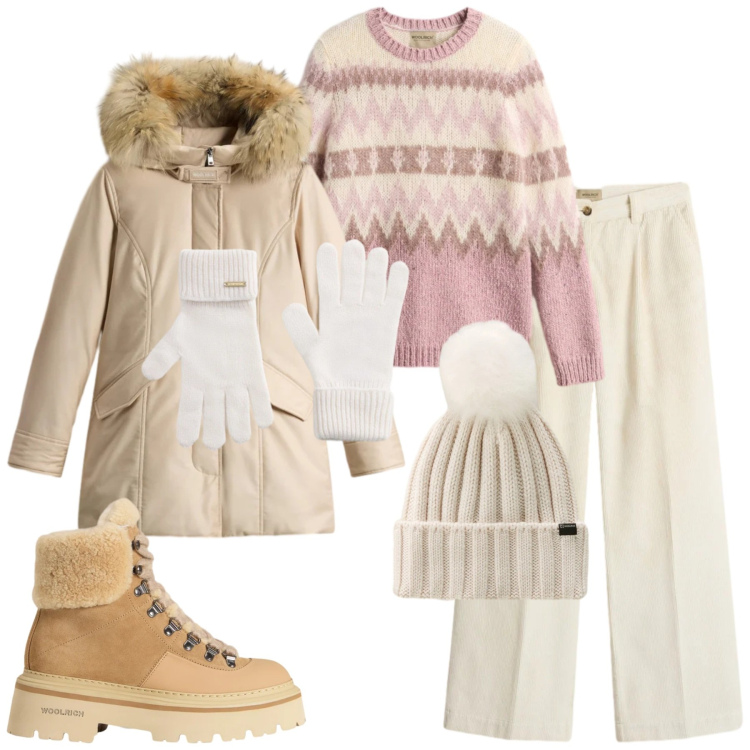 Outfit donna - Holiday Heritage. Stile Casual per Tutti i giorni. Abbinamento con parka, maglieria, pantaloni, guanti, berretti, stivaletti.