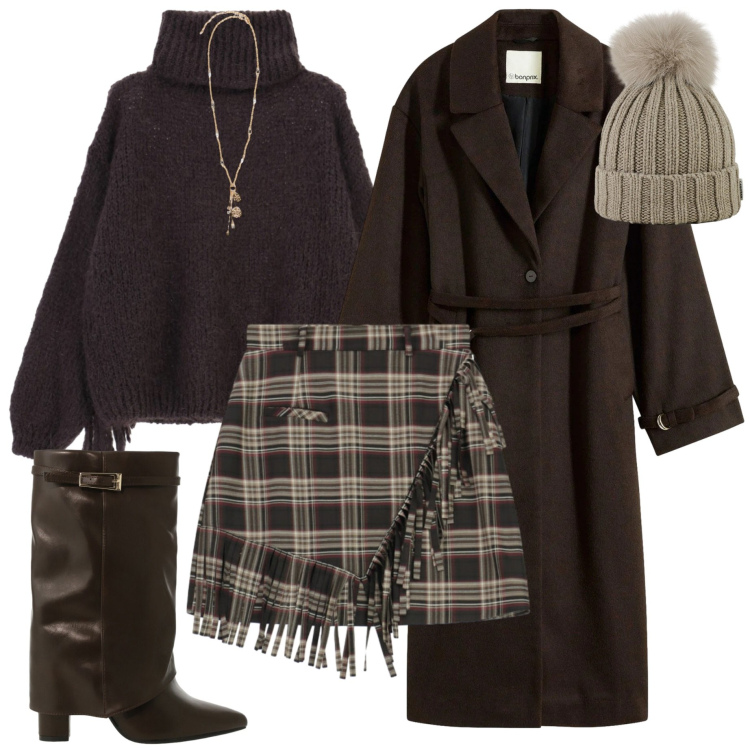 Outfit donna - Gonna scozzese. Stile Casual chic per Serata fuori. Abbinamento con cappotti, stivali, minigonne, maglieria, berretti, ciondoli.