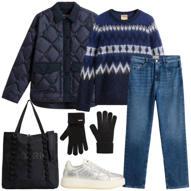 Outfit donna - Total look #2297945. Stile Casual per Tutti i giorni. Abbinamento con blazer, sneakers, borse tote, guanti, jeans, maglieria.