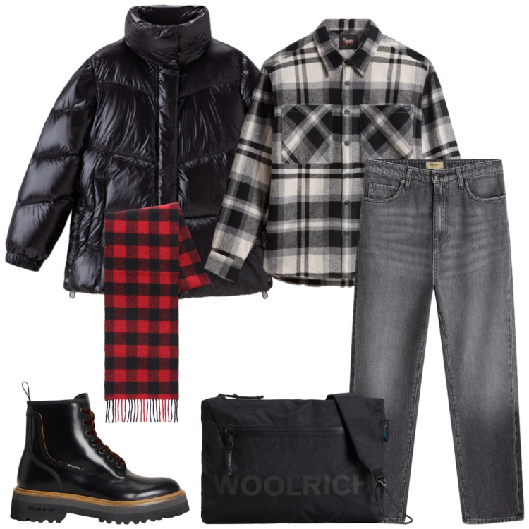 Outfit donna - Total look #2297946. Stile Casual per Tutti i giorni. Abbinamento con anfibi, borse a tracolla, jeans, sciarpe, camicie, piumini.