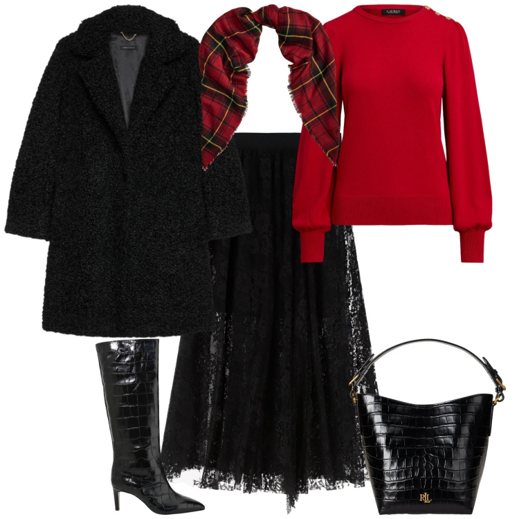 Outfit donna - Chic festività. Stile Chic per Tutti i giorni. Abbinamento con gonne lunghe, stivali, maglieria, sciarpe, borse a secchiello, cappotti.