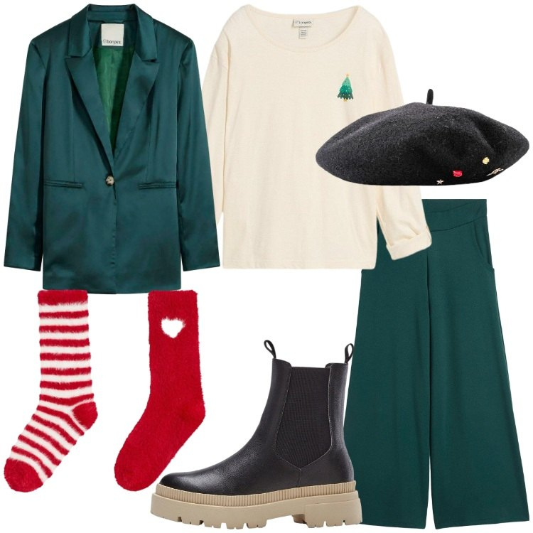 Outfit donna - Gli auguri con le amiche. Stile Trendy per Serata fuori. Abbinamento con stivaletti chelsea, cappelli e berretti, pantaloni culotte, calzini, maglieria, blazer.