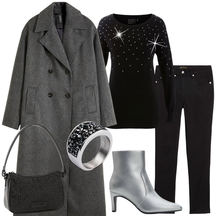 Outfit donna - Total look #2297949. Stile Chic per Serata fuori. Abbinamento con jeans slim fit, stivaletti, maglieria, borse a mano, anelli, cappotti.