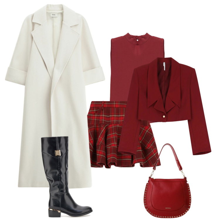 Outfit donna - Casual chic festività. Stile Casual chic per Tutti i giorni. Abbinamento con borse a spalla, minigonne, blazer, top, cappotti, stivali.