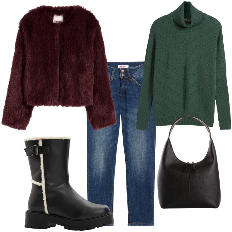 Outfit donna - Pronte per il freddo. Stile Basic per Tutti i giorni. Abbinamento con ecopellicce, jeans mom, shopping bag, stivali, maglieria.