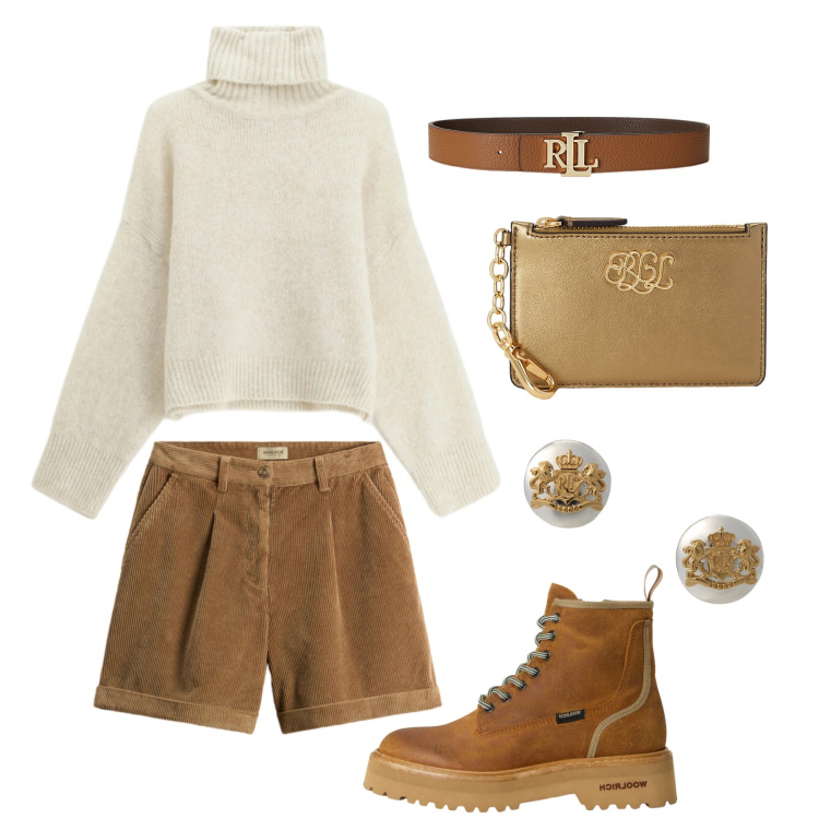 Outfit donna - Cena in famiglia. Stile Casual per Tutti i giorni. Abbinamento con maglieria, portafogli, cinture, orecchini, pantaloni corti, anfibi.