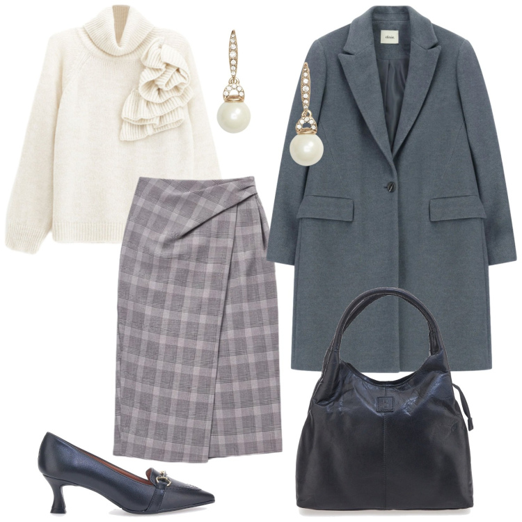 Outfit donna - Eleganza quotidiana. per Tutti i giorni. Abbinamento con maglieria, gonne longuette, cappotti, orecchini, borse a mano, décolleté.