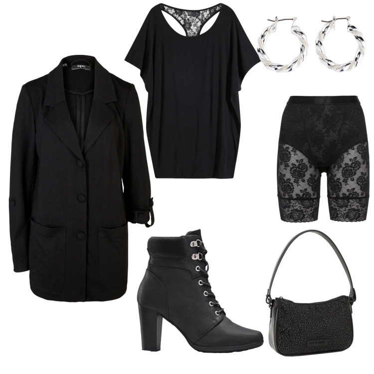 Outfit donna - Black to black. Stile Casual chic per Serata fuori. Abbinamento con blazer, pantaloni corti, stivaletti, orecchini, borse a mano, maglieria.