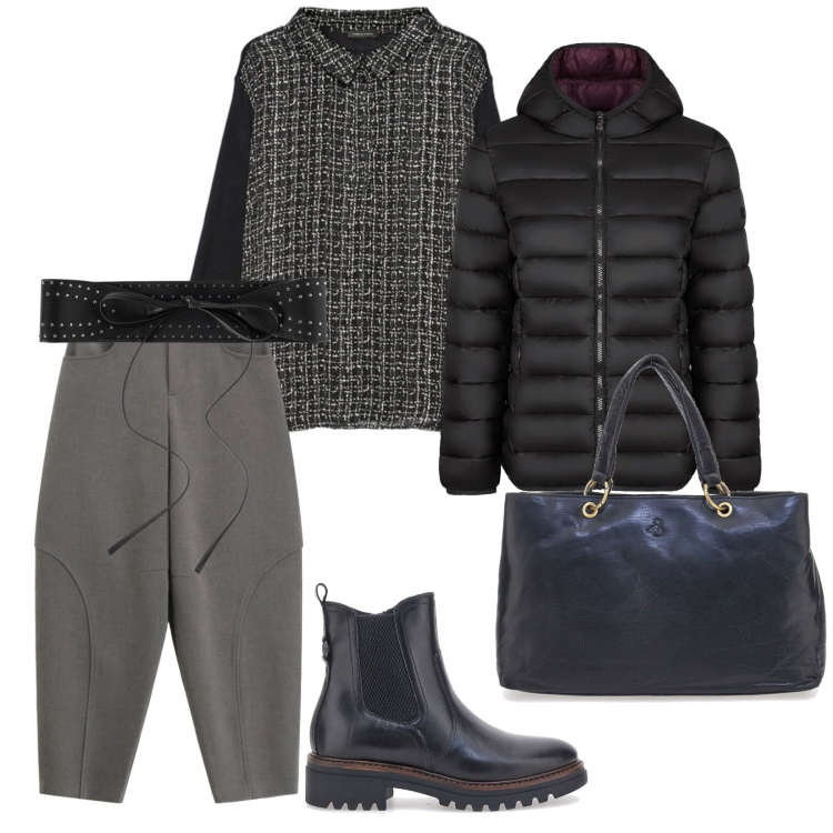 Outfit donna - Per il lavoro. per Ufficio. Abbinamento con cinture, pantaloni a palazzo, blazer, stivaletti chelsea, camicie, borse a mano.