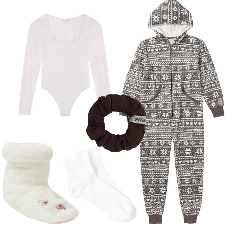 Outfit donna - Total look #2297968. Stile Casual per Tutti i giorni. Abbinamento con tute, pantofole, body, accessori per capelli, calzini.