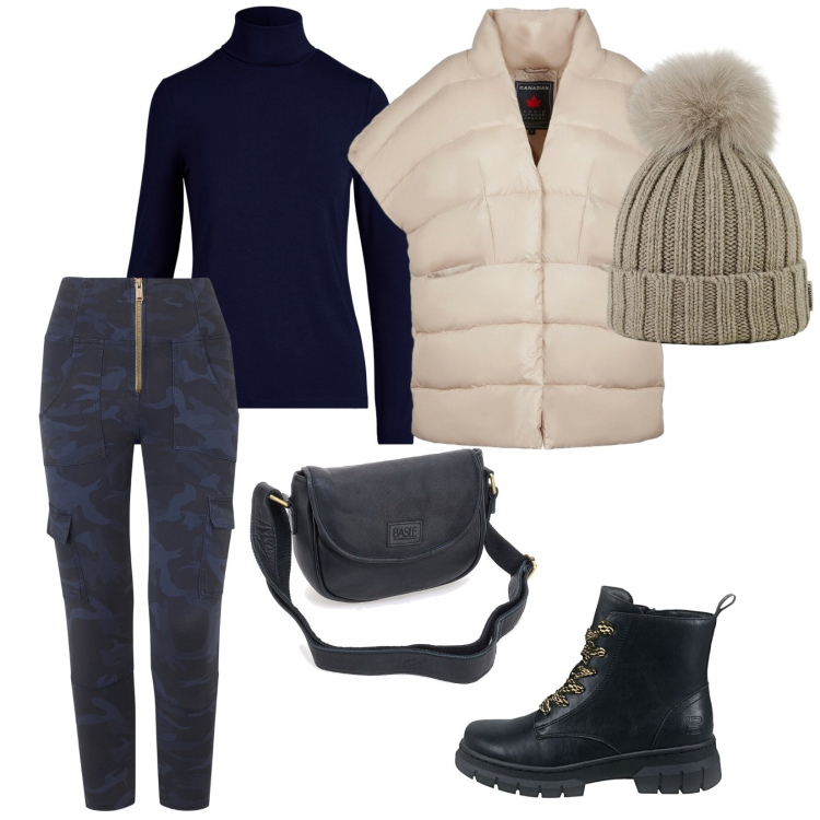 Outfit donna - Un fuori porta. per Tutti i giorni. Abbinamento con pantaloni cargo, vestiti, piumini, berretti, anfibi, borse a tracolla.