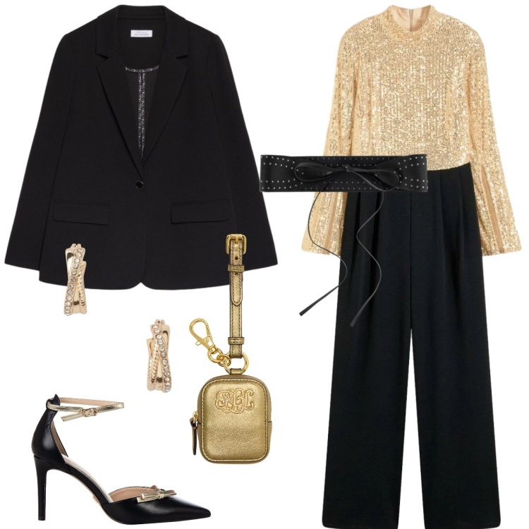 Outfit donna - Total look #2297972. Stile Glamour per Serata fuori. Abbinamento con tute, décolleté, cinture, orecchini, pochette, blazer.