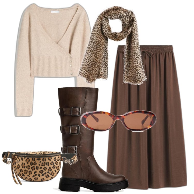 Outfit mujer - Trendy #9512. Estilo Trendy para Todos los días. Combinación con botas, cárdigans, faldas, bufandas, riñoneras, gafas de sol.