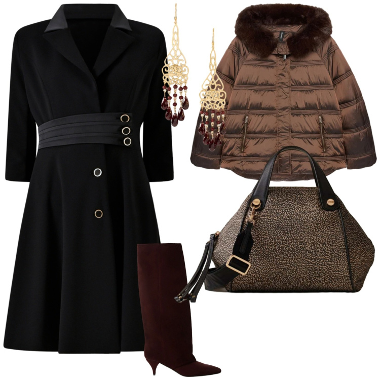 Outfit donna - Nero e marrone. per Scuola/Università. Abbinamento con vestiti midi/longuette, borse a mano, stivali, orecchini, piumini.