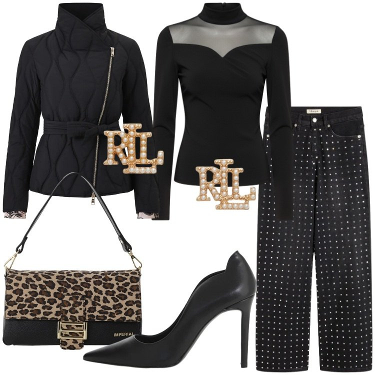 Outfit donna - Gift of style rock chic. Stile Rock per Serata fuori. Abbinamento con jeans dritti, bluse, piumini, borse a spalla, décolleté, orecchini.