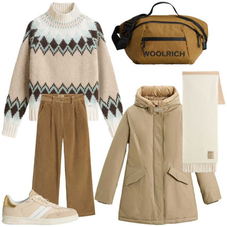 Outfit donna - Natale casual chic. Stile Casual chic per Tutti i giorni. Abbinamento con sneakers, borse a tracolla, sciarpe, maglieria, parka, pantaloni.