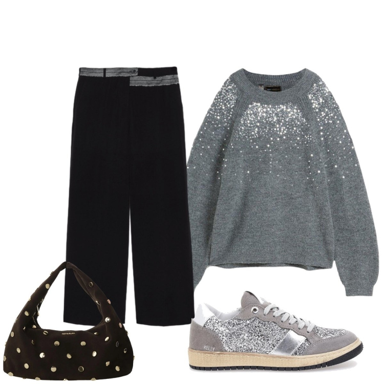 Outfit donna - Maglione morbido cuore caldo. Stile Glamour per Serata fuori. Abbinamento con maglieria, borse a spalla, sneakers, pantaloni.