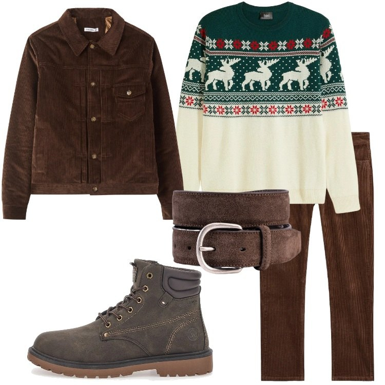 Outfit uomo - Maglione delle feste. Stile Casual per Tutti i giorni. Abbinamento con pantaloni, maglieria, cappotti, stivali e stivaletti, cinture.