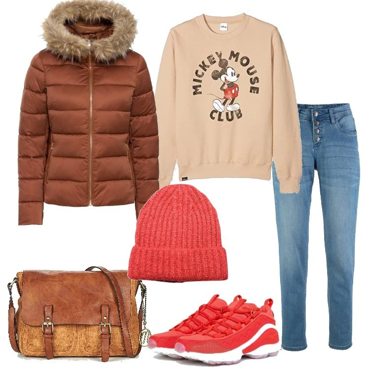 Outfit donna - Jeans e felpa Disney. Stile Basic per Tutti i giorni. Abbinamento con giacche, jeans in denim blu, cappello a coste lavorato a maglia tinta unita, borsa a tracolla marrone, felpa beige, sneakers.