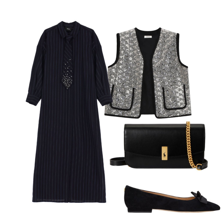 Outfit donna - Il gilet argentato. Stile Glamour per Serata fuori. Abbinamento con vestiti lunghi, gilet, ballerine, clutch.