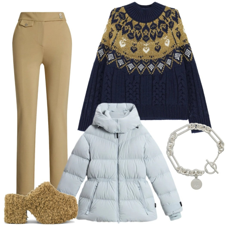 Outfit donna - Feste in famiglia. Stile Casual chic per Serata fuori. Abbinamento con maglieria, braccialetti, pantaloni, piumini, sabot.