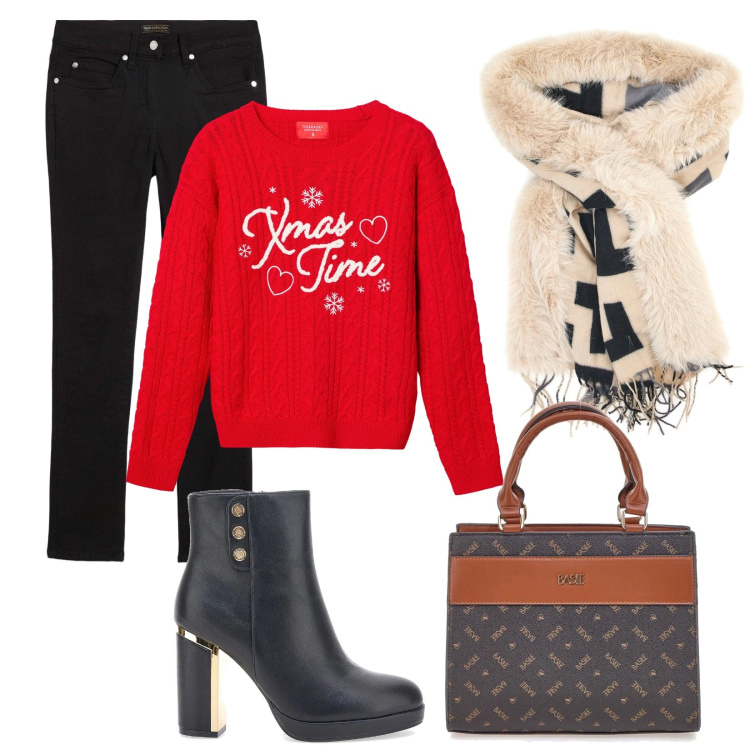 Outfit donna - Xmas Time. Stile Trendy per Tutti i giorni. Abbinamento con jeans slim fit, maglieria, stivaletti, cappe, borse a mano.