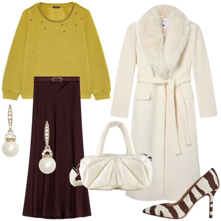 Outfit donna - Gift of style. Stile Chic per Serata fuori. Abbinamento con cappotti, gonne lunghe, décolleté, orecchini, borse a mano, felpe.