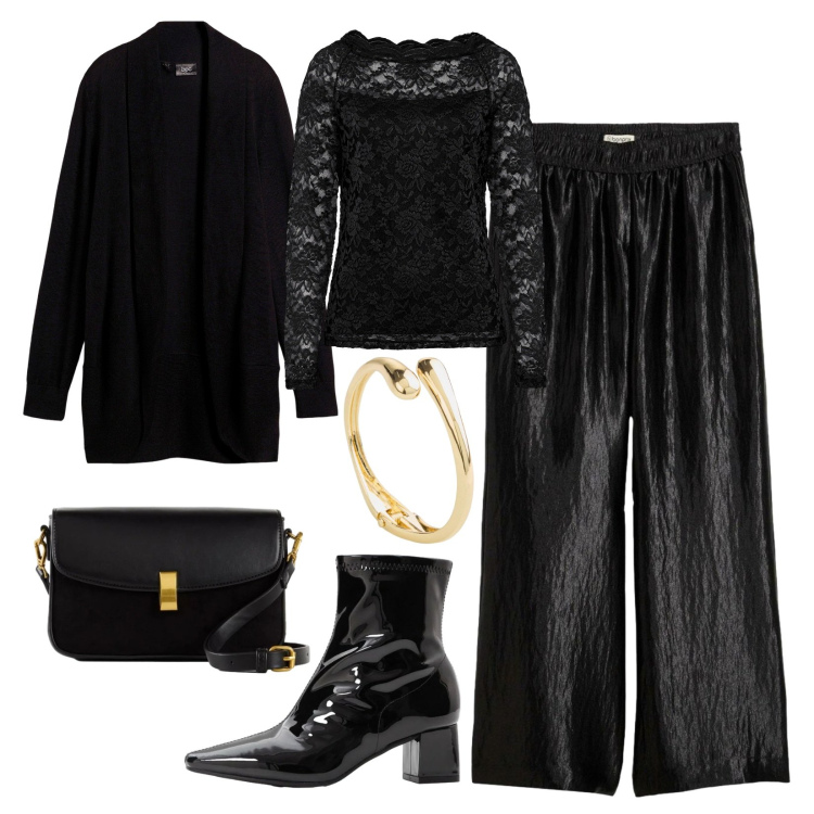 Outfit donna - Party Black Romance!. Stile Chic per Serata fuori. Abbinamento con maglieria, cardigans, braccialetti, stivaletti, pantaloni a palazzo, borse a mano.