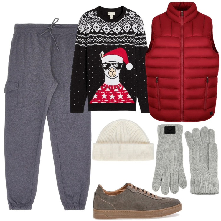 Outfit uomo - Maglione delle feste. Stile Casual per Tutti i giorni. Abbinamento con maglieria, gilet, guanti, berretti, sneakers, pantaloni cargo.