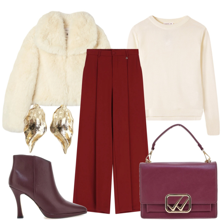 Outfit donna - Natale nell\' aria. Stile Chic per Tutti i giorni. Abbinamento con ecopellicce, maglieria, pantaloni a palazzo, orecchini, borse a tracolla, stivaletti.