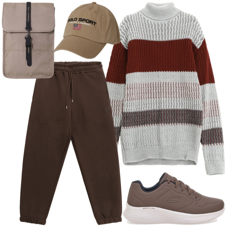 Outfit uomo - Viaggio festivo. Stile Casual per Sport. Abbinamento con maglieria, pantaloni, borse sportive, cappelli, sneakers.