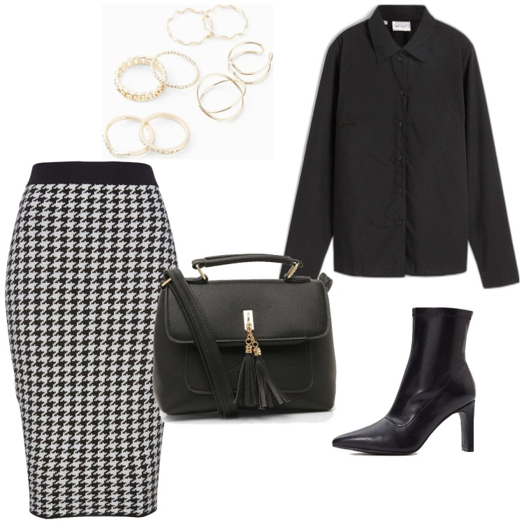 Outfit femme - Glamour. Style Glamour pour Tous les jours. Assortir avec chemisiers, jupes longues, bagues, bottines, sacs besace.