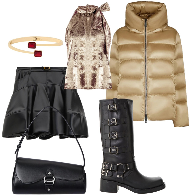 Outfit donna - Il piumino dorato. Stile Chic per Serata fuori. Abbinamento con top, minigonne, stivali, borse a spalla, braccialetti, piumini.