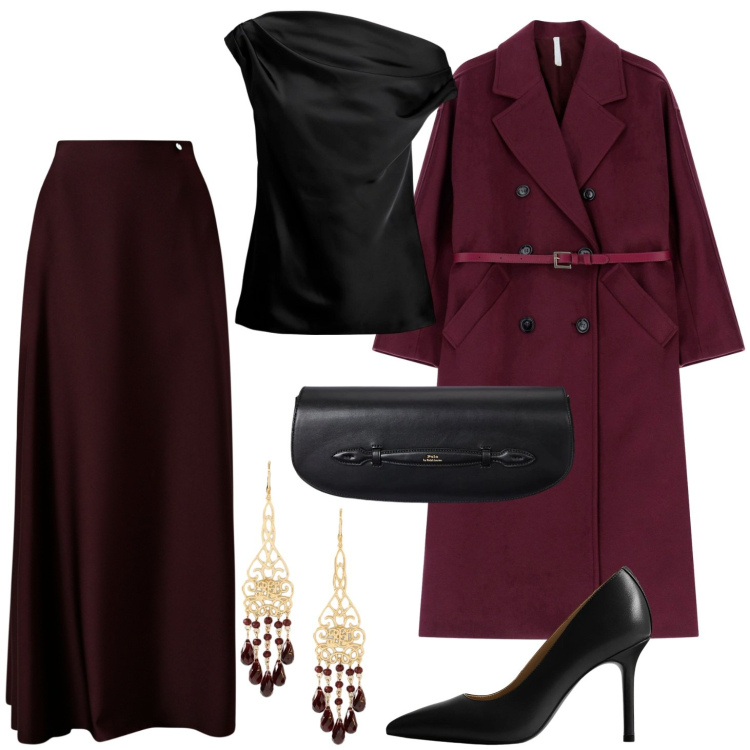 Outfit donna - Bella di sera. Stile Casual chic per Serata fuori. Abbinamento con gonne lunghe, cappotti, top, clutch, décolleté, orecchini.