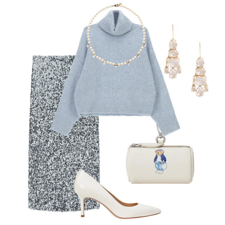 Outfit donna - Festa in casa. Stile Casual chic per Tutti i giorni. Abbinamento con maglieria, gonne longuette, décolleté, collane, orecchini, portamonete.