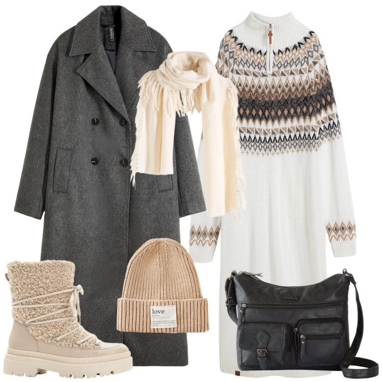 Outfit donna - Total look #2298041. Stile Casual per Tutti i giorni. Abbinamento con borse a tracolla, berretti, sciarpe, stivali da neve, vestiti, cappotti.