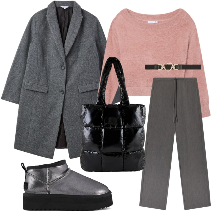 Outfit donna - Il cappotto grigio fumo. Stile Bon Ton per Tutti i giorni. Abbinamento con pantaloni, maglieria, cinture, cappotti, shopping bag, stivaletti.