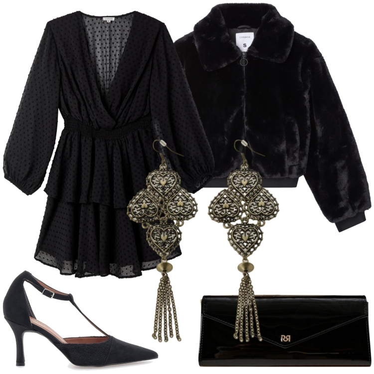 Outfit donna - Un tocco gotico. Stile Casual chic per Serata fuori. Abbinamento con pochette, vestiti corti, ecopellicce, orecchini, décolleté.