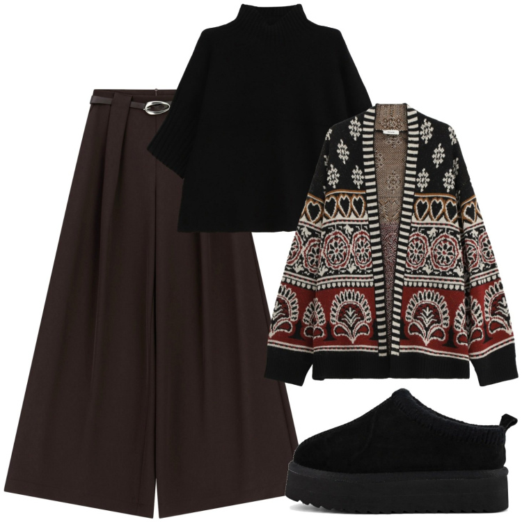 Outfit donna - Morbide fantasie. Stile Casual per Tutti i giorni. Abbinamento con pantaloni a palazzo, maglieria, cardigans, sabot.