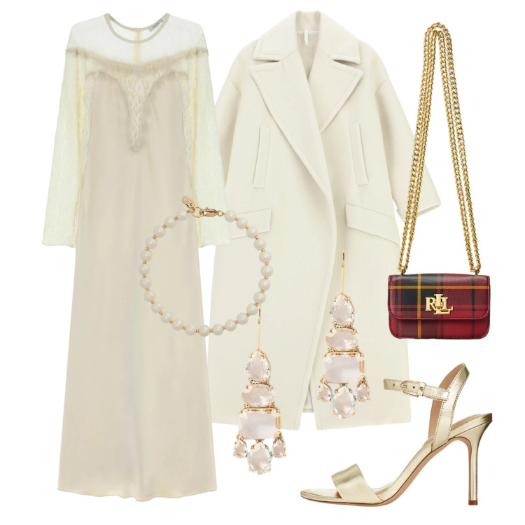 Outfit donna - Gift of style!. Stile Glamour per Cerimonia. Abbinamento con cappotti, vestiti lunghi, sandali in pelle, orecchini, pochette, braccialetti.