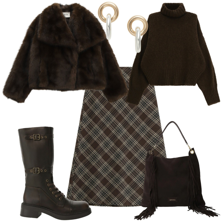 Outfit donna - Casual chic. Stile Casual chic per Tutti i giorni. Abbinamento con borse a spalla, stivali, maglieria, gonne longuette, blazer, orecchini.