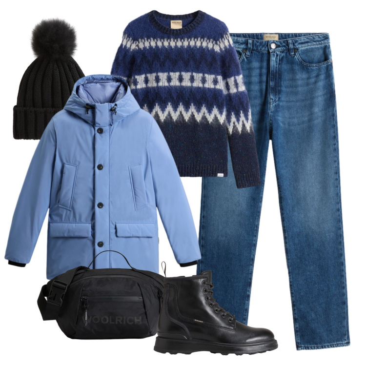 Outfit donna - Blu per mercatini. Stile Casual per Tutti i giorni. Abbinamento con parka, jeans, anfibi, borse a tracolla, berretti, maglieria.