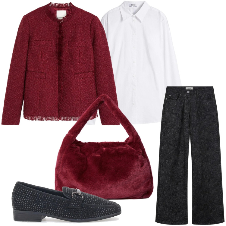 Outfit donna - La borsa vellutata. Stile Minimal per Tutti i giorni. Abbinamento con cappotti, camicie, pantaloni, mocassini, borse a spalla.