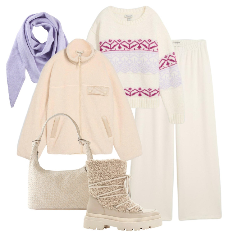 Outfit donna - Xmas mood in città. Stile Casual per Tutti i giorni. Abbinamento con pantaloni, maglieria, shopping bag, caban, stivali da neve, foulard.